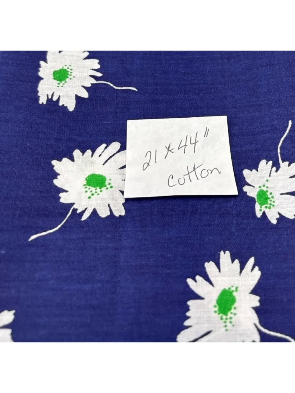 Blue Cotton Fabric White Green Daisy Print 21